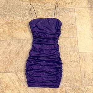 Purple Homecoming Short Sparkly Glitter Bungee Strap Shirred Bodycon Mini Dress